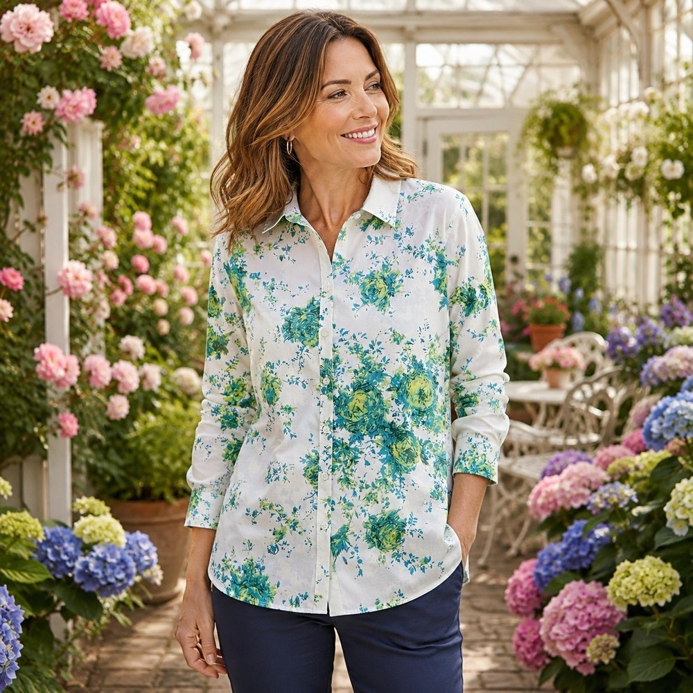 Lands' End Women's 8P Shirt Cottagecore Floral Coastal Grandma Preppy Resort